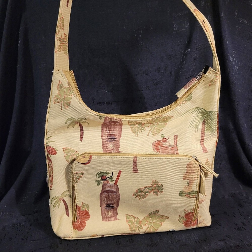 FESTIVAL Yellow Shoulder Bag Purse Hawaiian Motif Hula Palm Trees Tiki Pineapple